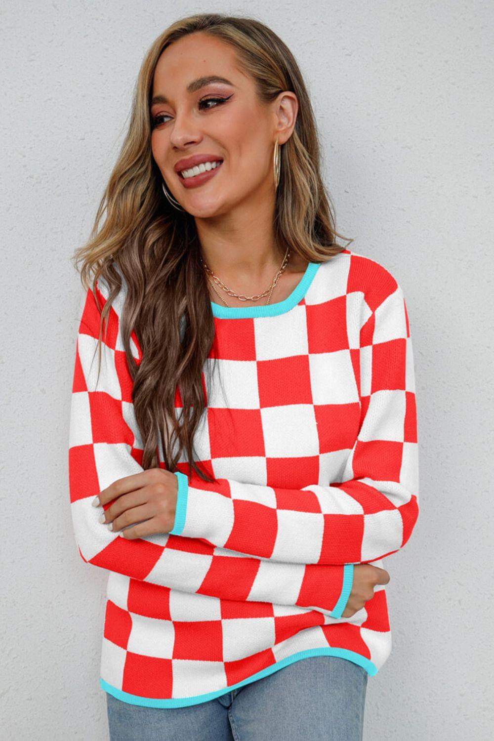 Checkered Round Neck Sweater - Lucianne Boutique