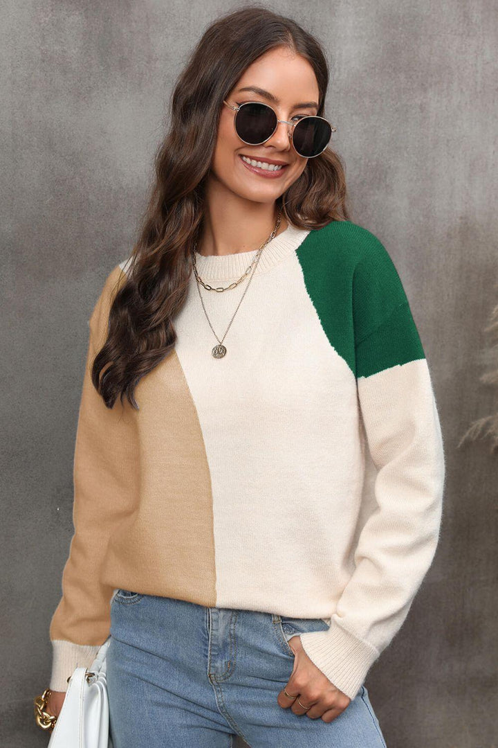 Color Block Ribbed Cuff Drop Shoulder Sweater - Lucianne Boutique