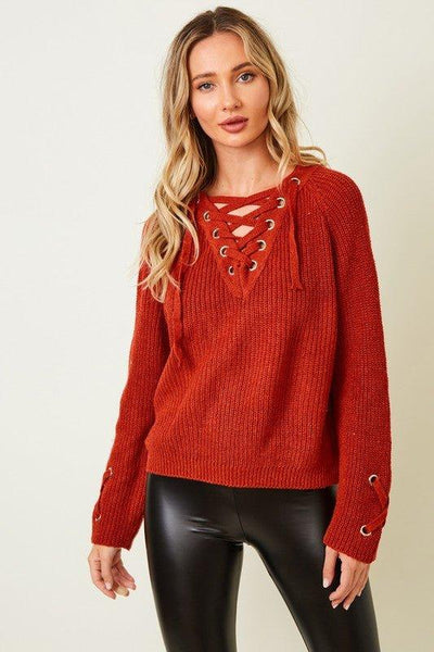 COZY KNIT EYELET DRAWSTRING LACE UP FRONT SWEATER - Lucianne Boutique