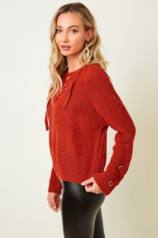 COZY KNIT EYELET DRAWSTRING LACE UP FRONT SWEATER - Lucianne Boutique