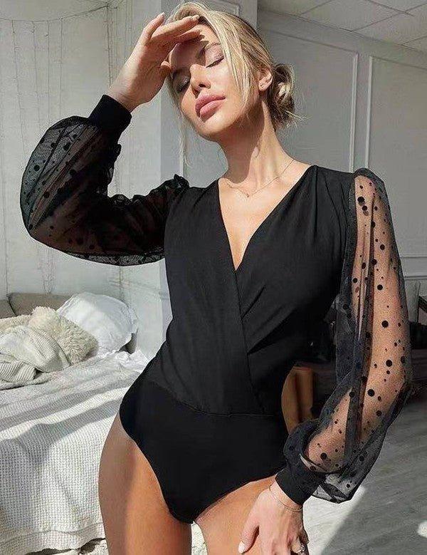 Crotch Polka dot mesh Long Sleeve V Neck Bodysuit - Lucianne Boutique