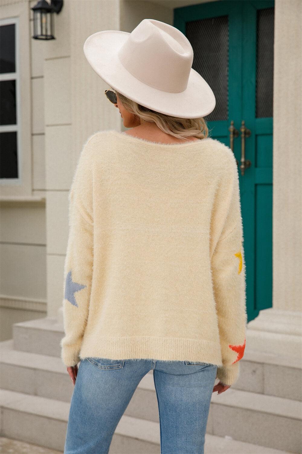 Star Pattern Round Neck Fuzzy Sweater - Lucianne Boutique