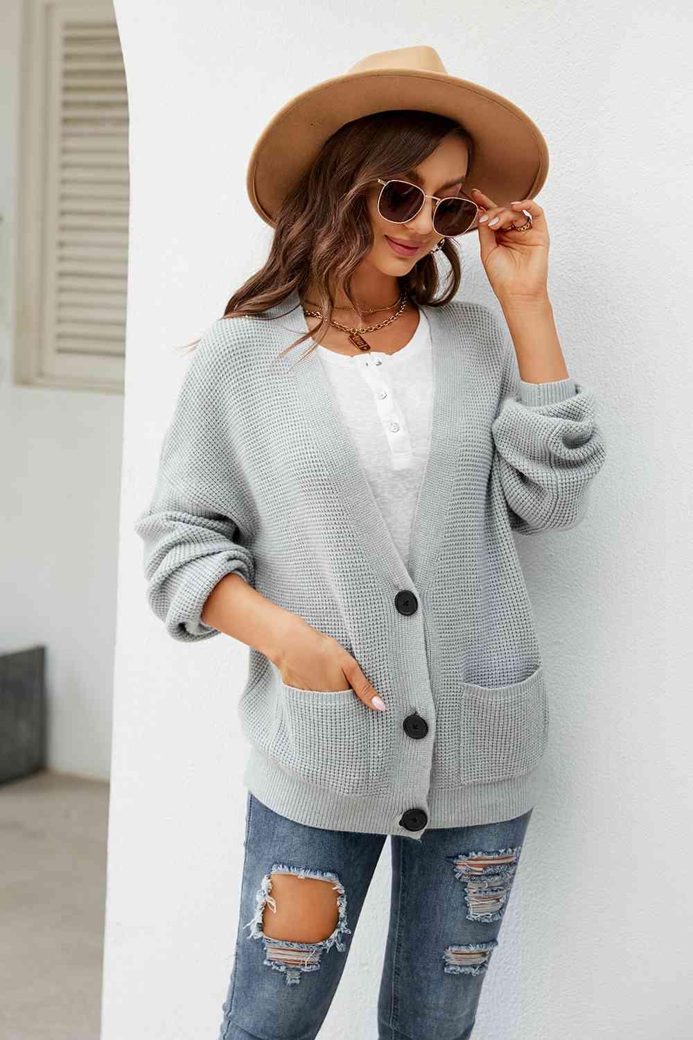 Button Up Drop Shoulder Long Sleeve Cardigan - Lucianne Boutique
