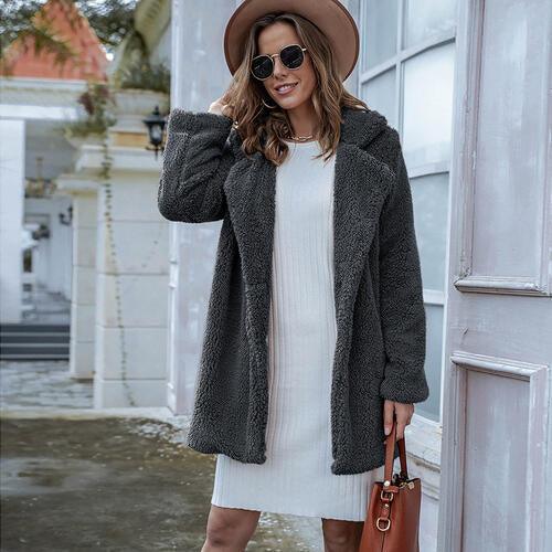 Collared Neck Long Sleeve Winter Coat - Lucianne Boutique
