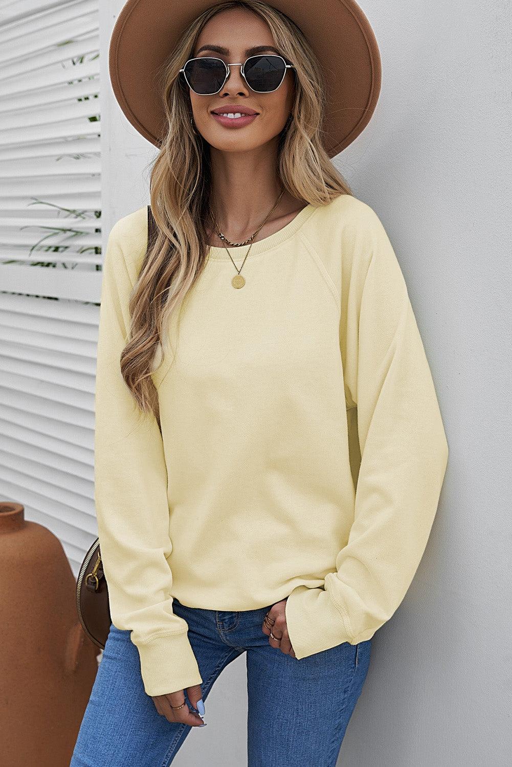 Round Neck Raglan Sleeve Exposed Seam Sweatshirt - Lucianne Boutique
