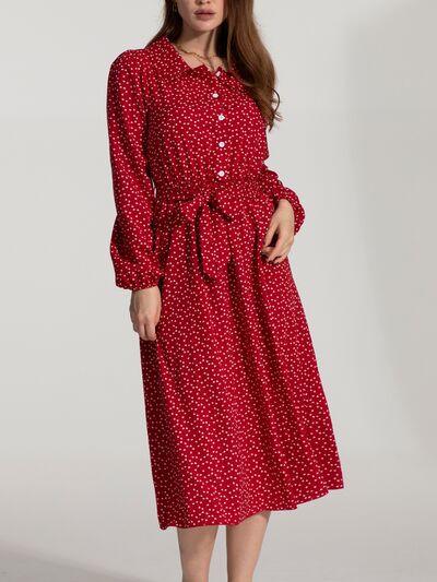 Tied Printed Button Up Balloon Sleeve Dress - Lucianne Boutique