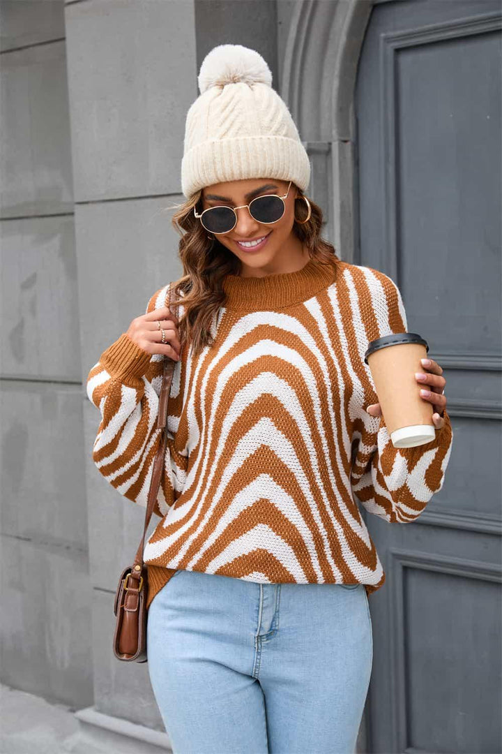 Printed Round Neck Long Sleeve Pullover Sweater - Lucianne Boutique