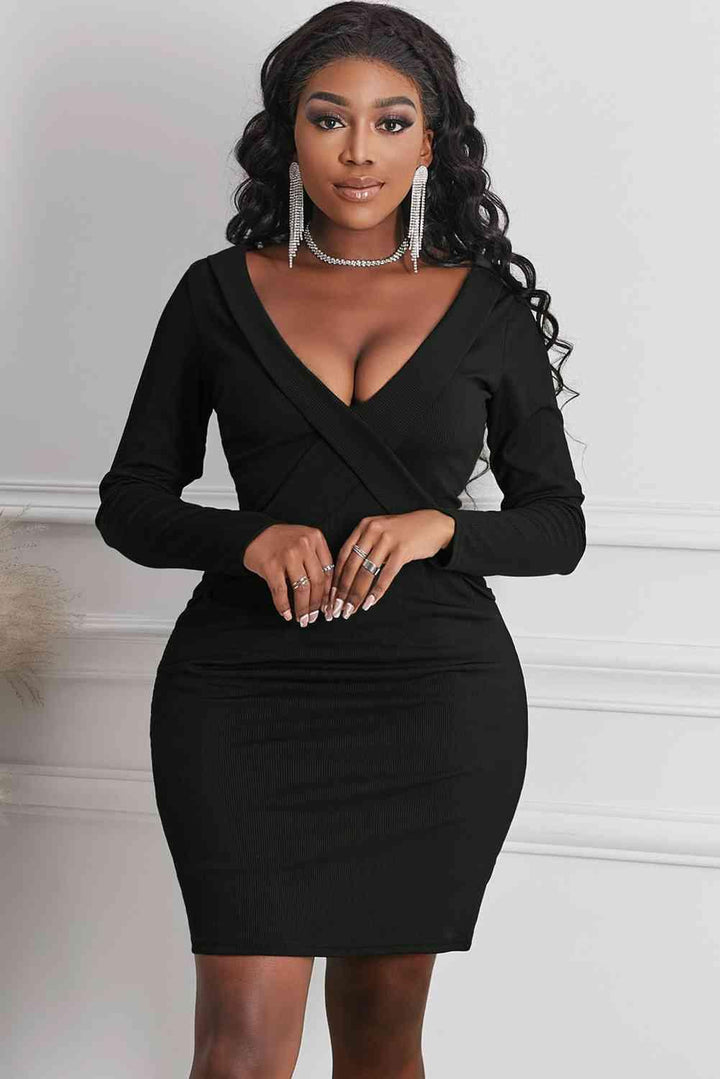Long Sleeve Plunge Ribbed Bodycon Dress - Lucianne Boutique
