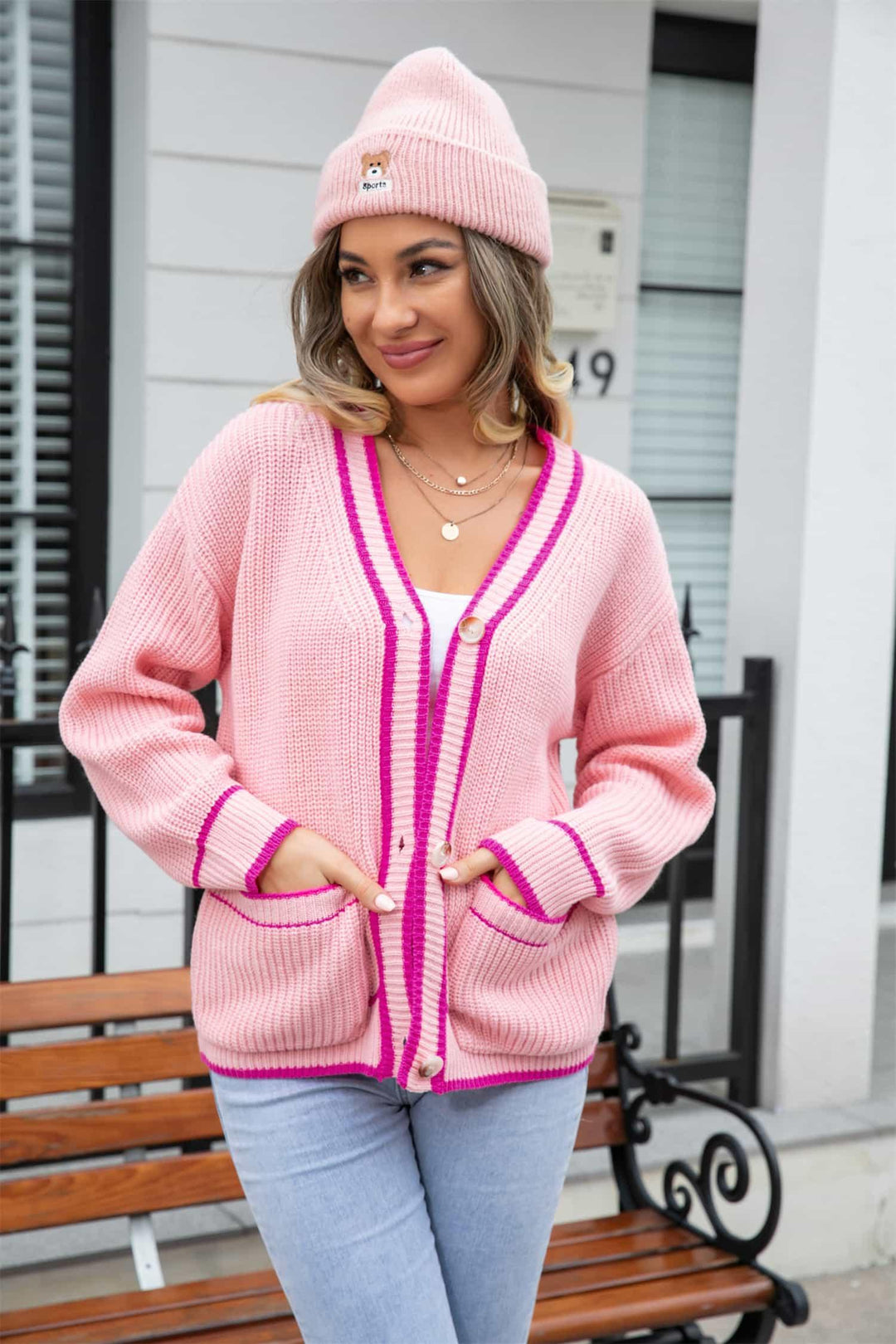Waffle Knit V-Neck Cardigan with Pocket - Lucianne Boutique