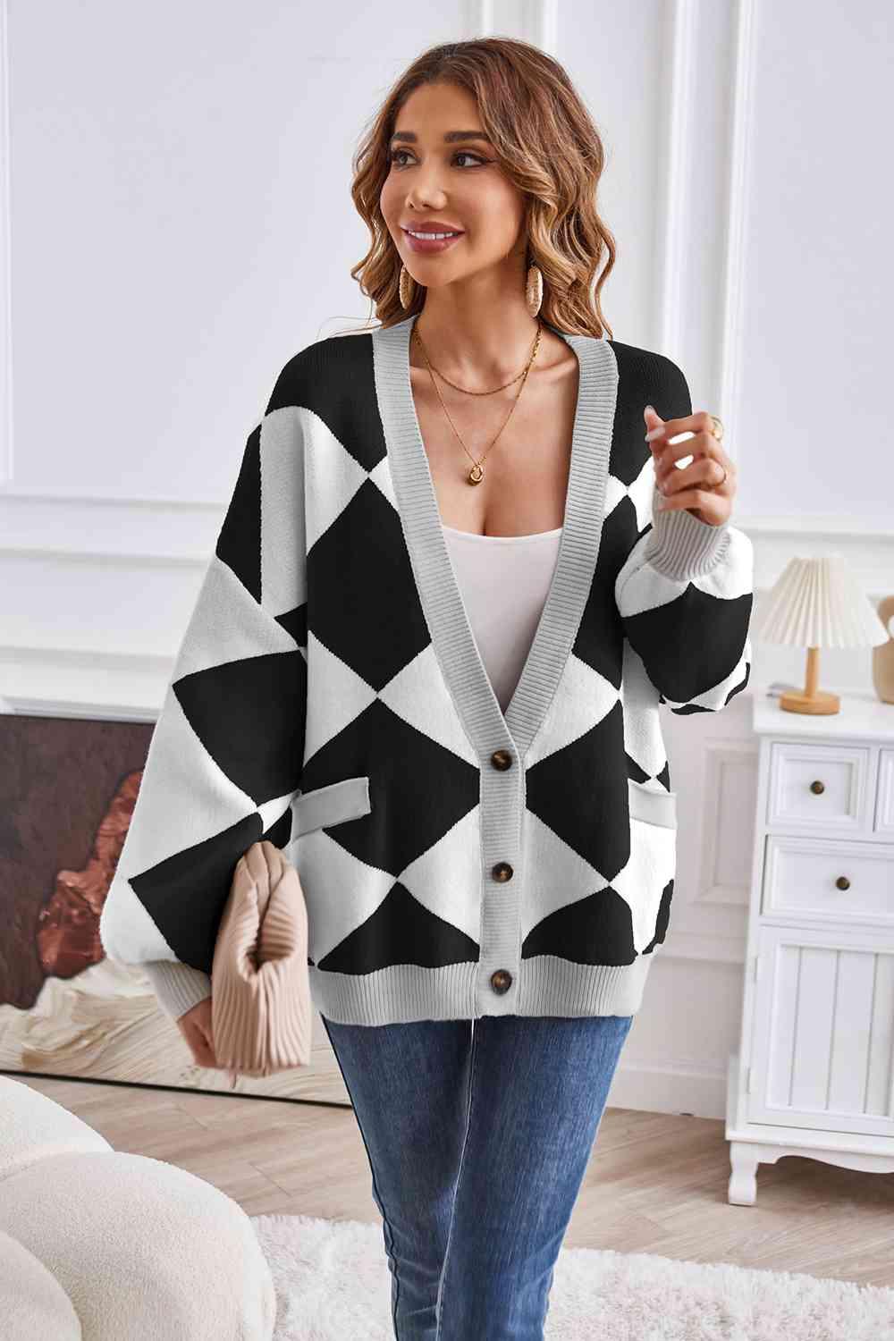 Geometric Lantern Sleeve Cardigan with Pockets - Lucianne Boutique