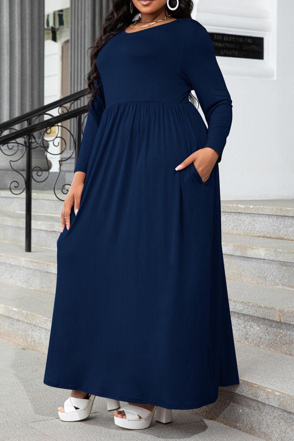 Plus Size Round Neck Long Sleeve Maxi Dress with Pockets - Lucianne Boutique