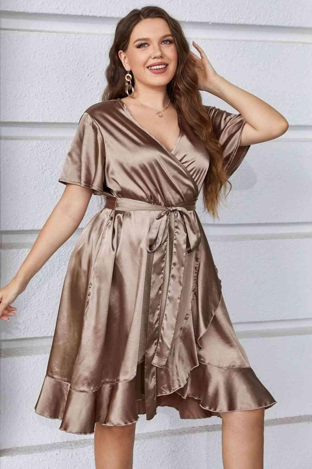 Plus Size Belted Ruffled Surplice Dress - Lucianne Boutique