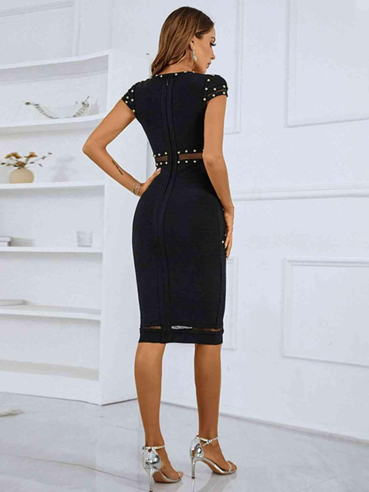 Studded Spliced Mesh V-Neck Dress - Lucianne Boutique