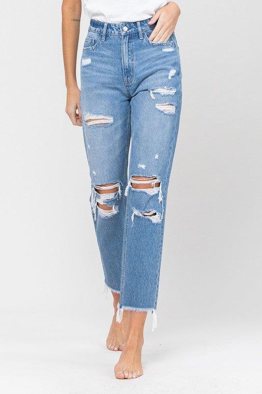 DISTRESSED RAW HEM MOM JEANS - Lucianne Boutique