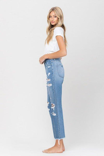 DISTRESSED RAW HEM MOM JEANS - Lucianne Boutique