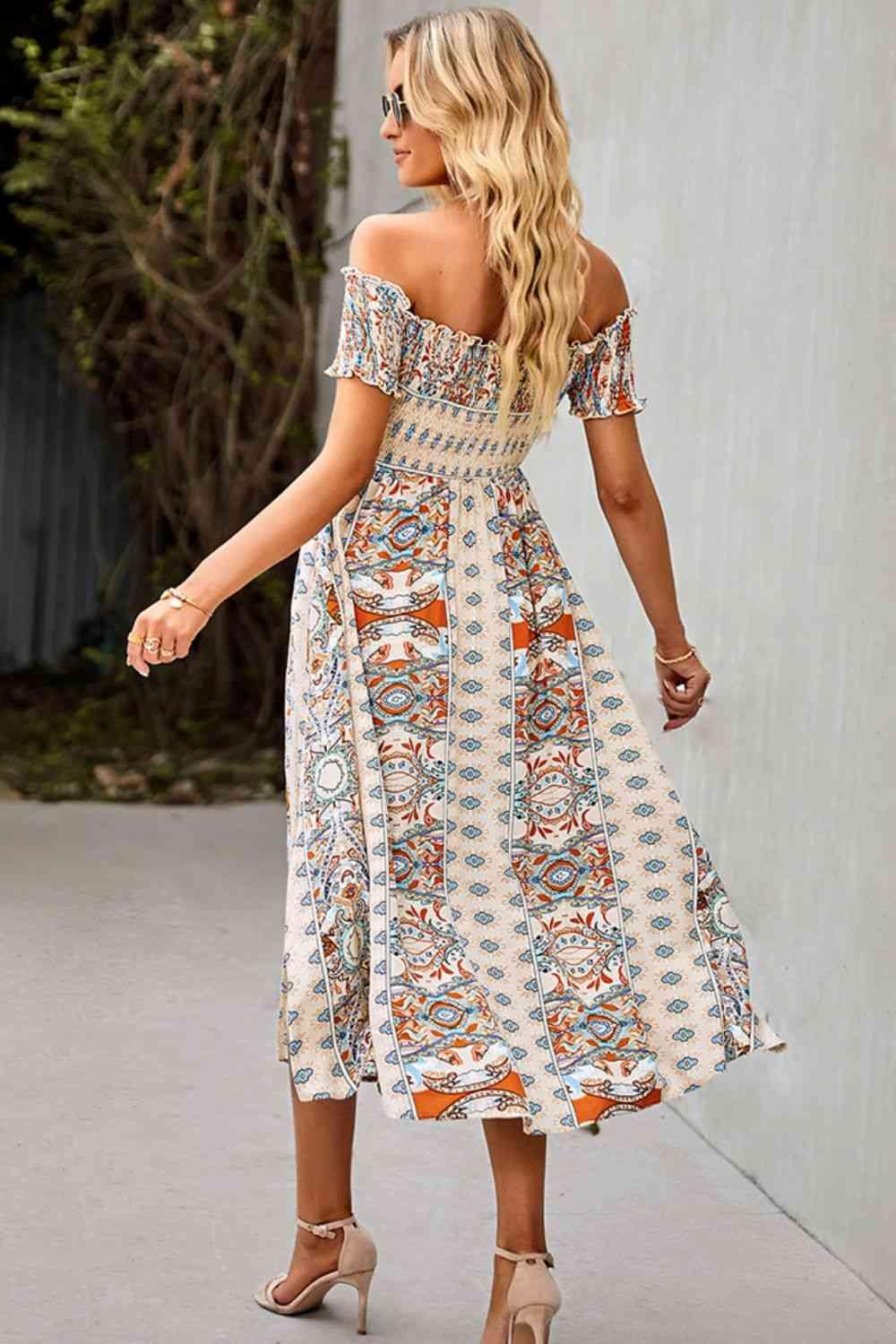 Bohemian Off-Shoulder Frill Trim Split Dress - Lucianne Boutique