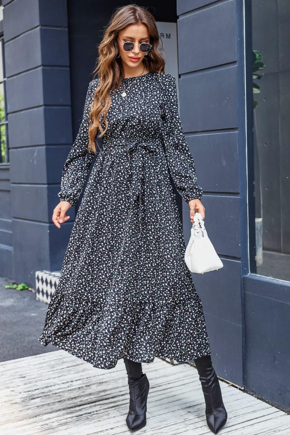 Printed Round Neck Long Sleeve Midi Dress - Lucianne Boutique