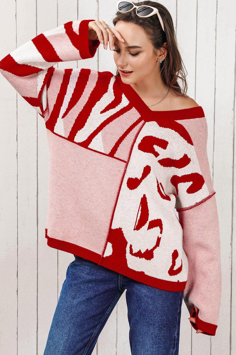 V-Neck Printed Dropped Shoulder Sweater - Lucianne Boutique