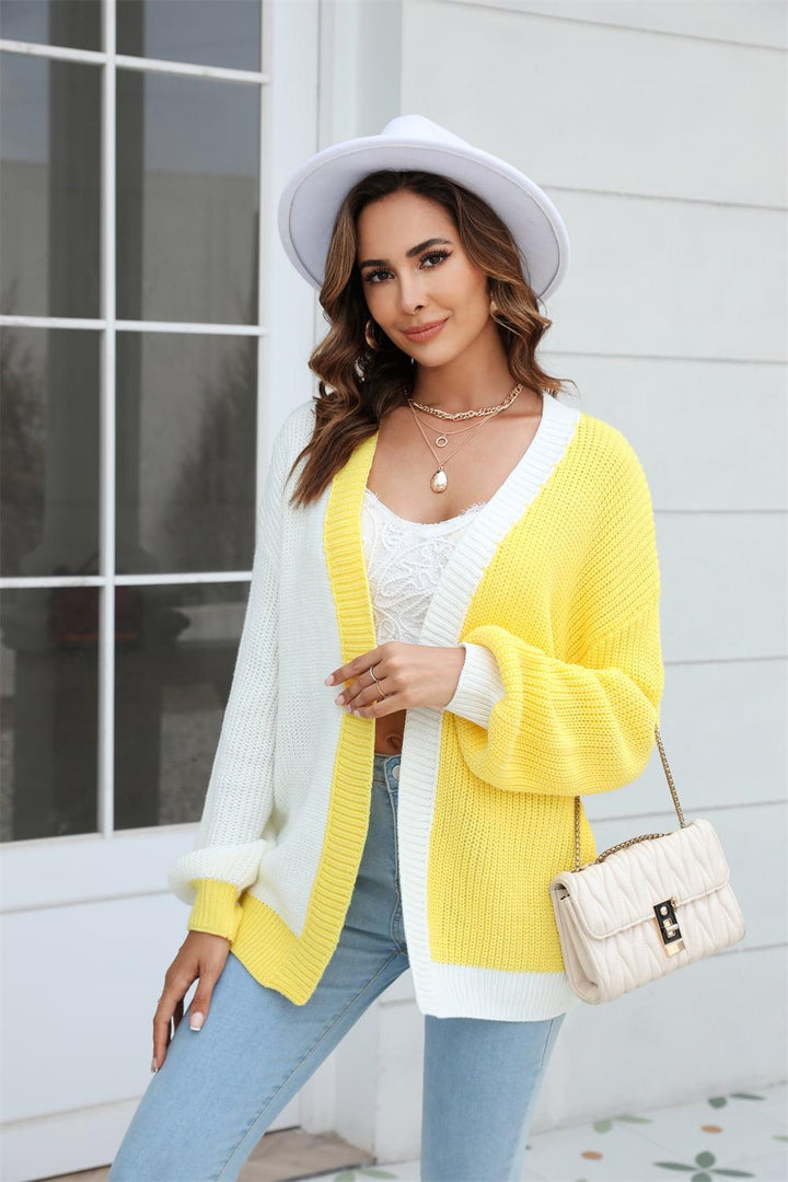 Open Front Contrast Color Balloon Sleeve Cardigan - Lucianne Boutique