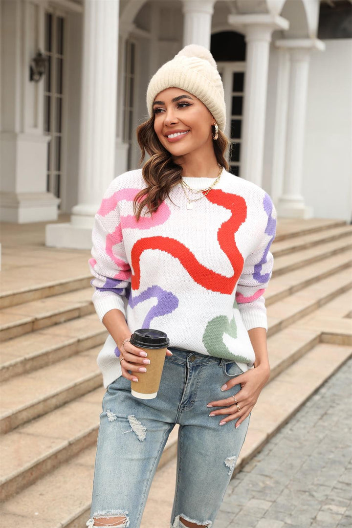Printed Round Neck Dropped Shoulder Pullover Sweater - Lucianne Boutique