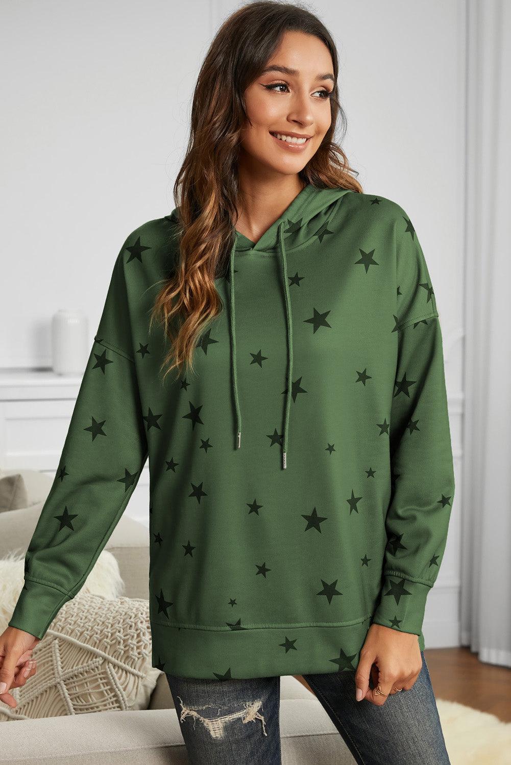 Star Print Drawstring Detail Hoodie - Lucianne Boutique