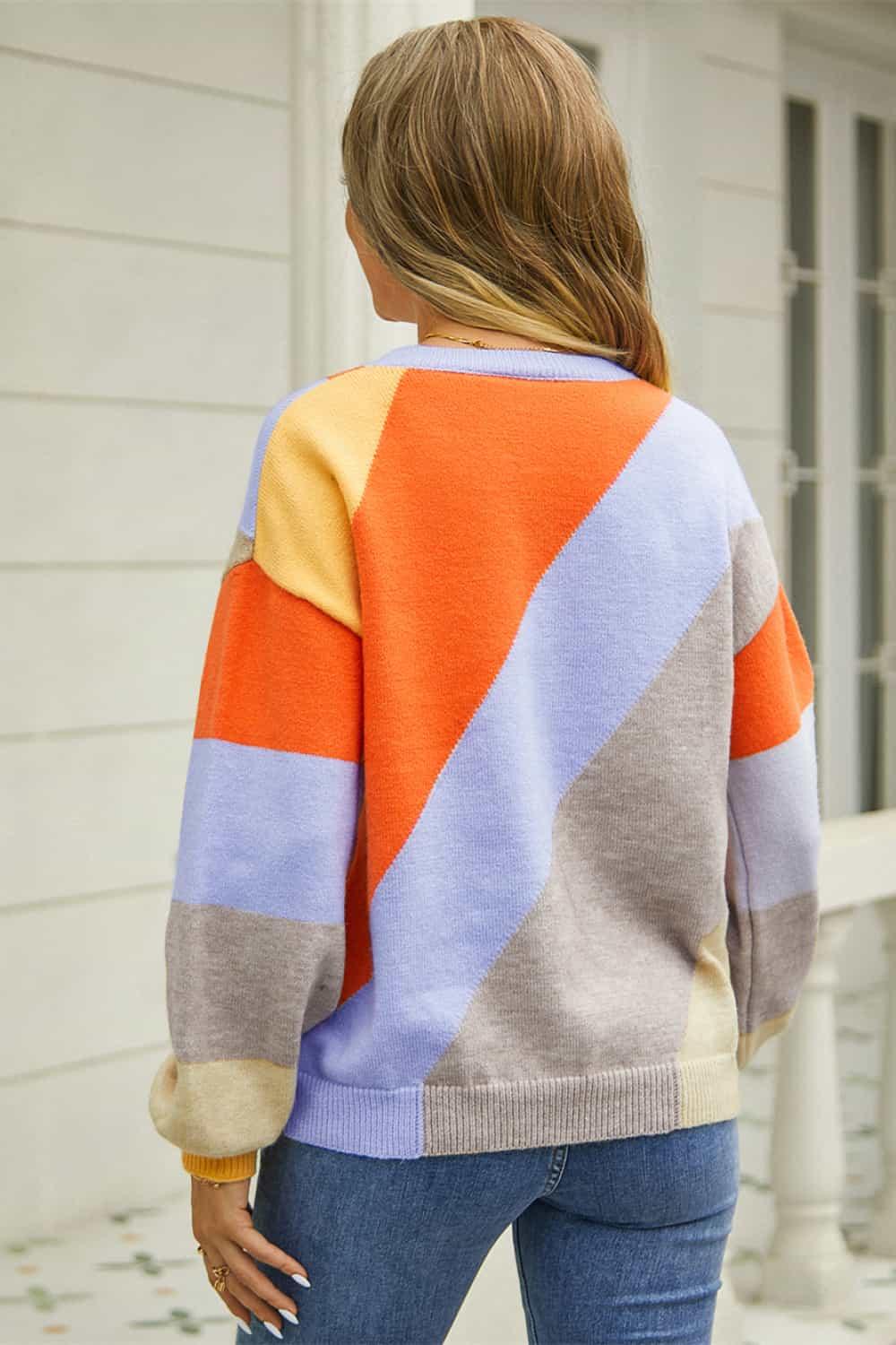 Color Block Round Neck Long Sleeve Sweater - Lucianne Boutique