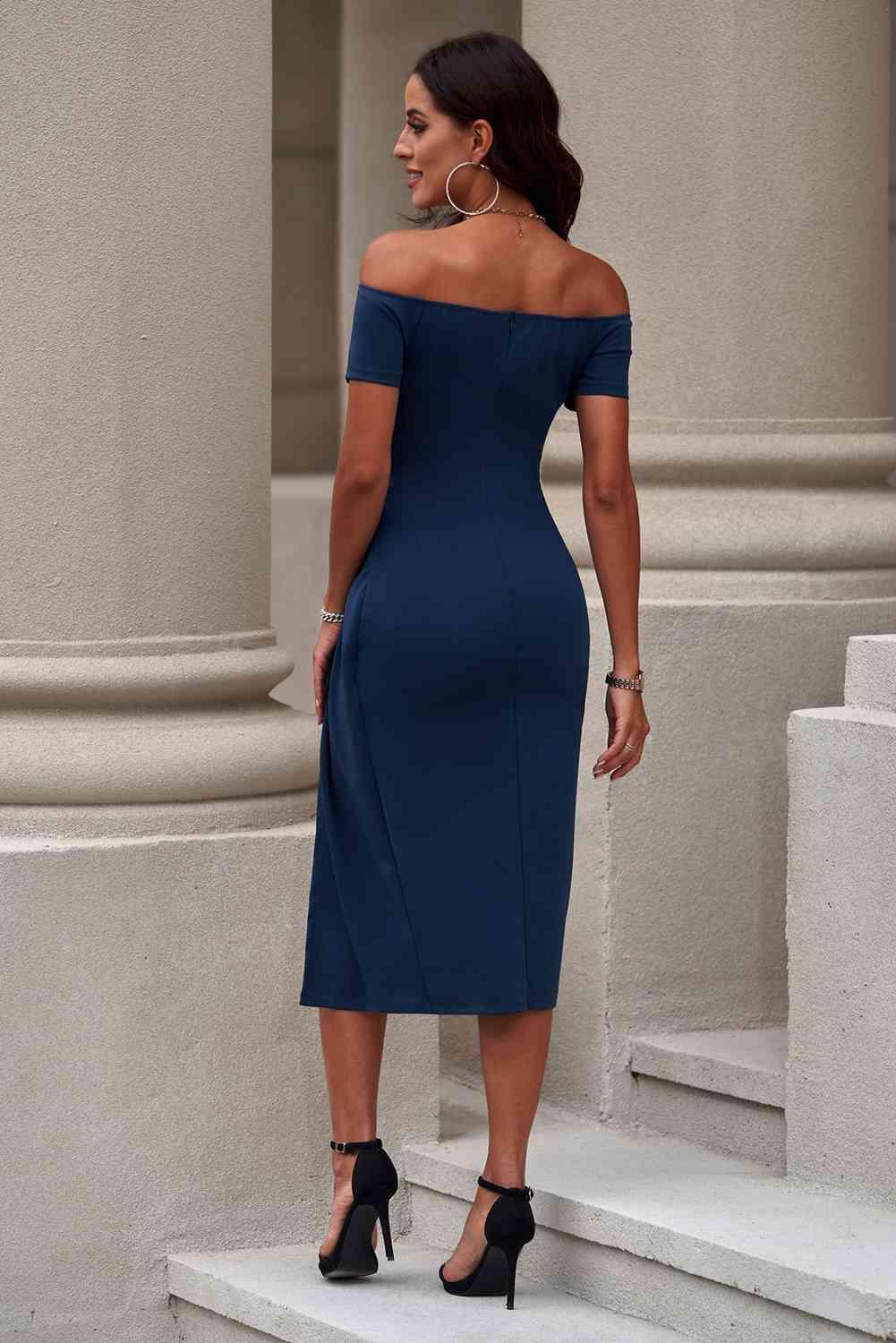 Off-Shoulder Short Sleeve Split Dress - Lucianne Boutique