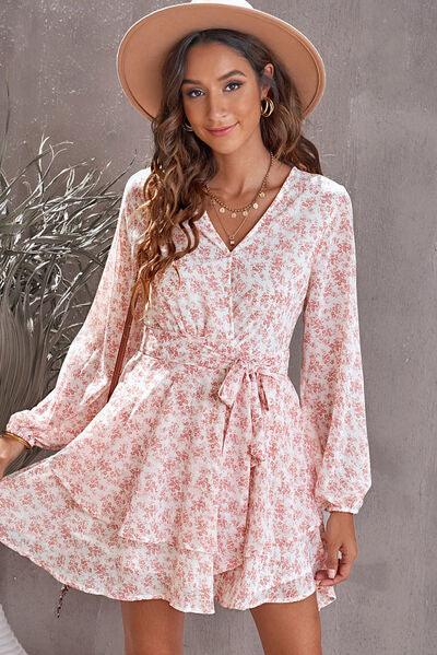 Floral Surplice Balloon Sleeve Layered Dress - Lucianne Boutique