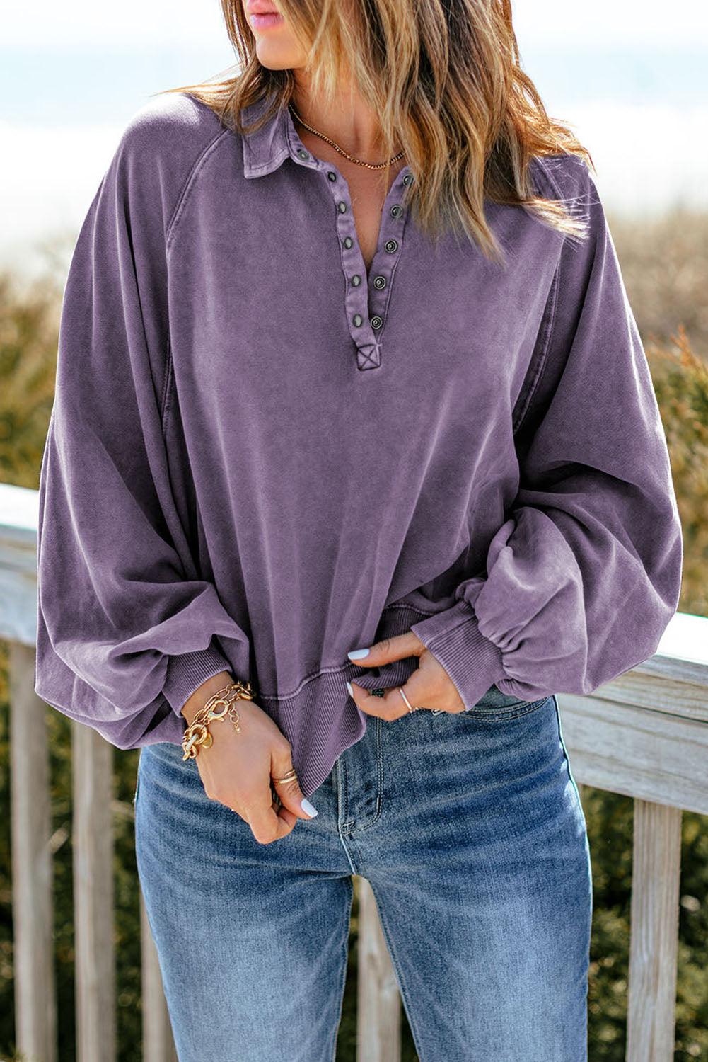 Quarter-Snap Collared Lantern Sleeve Sweatshirt - Lucianne Boutique