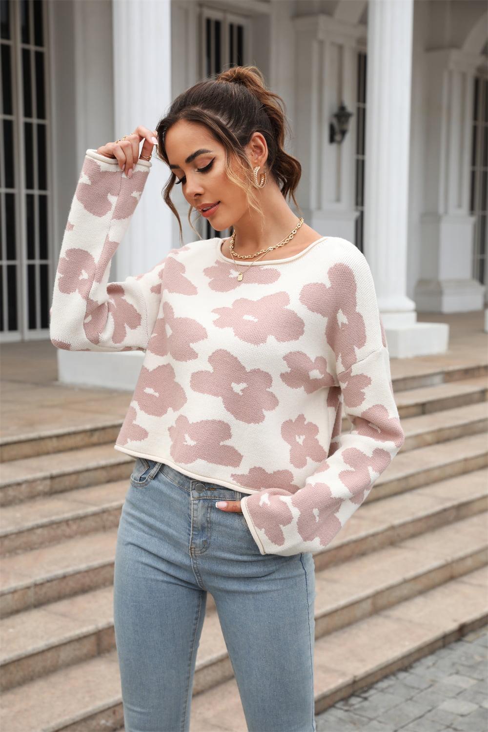 Round Neck Flower Pattern Dropped Shoulder Pullover Sweater - Lucianne Boutique
