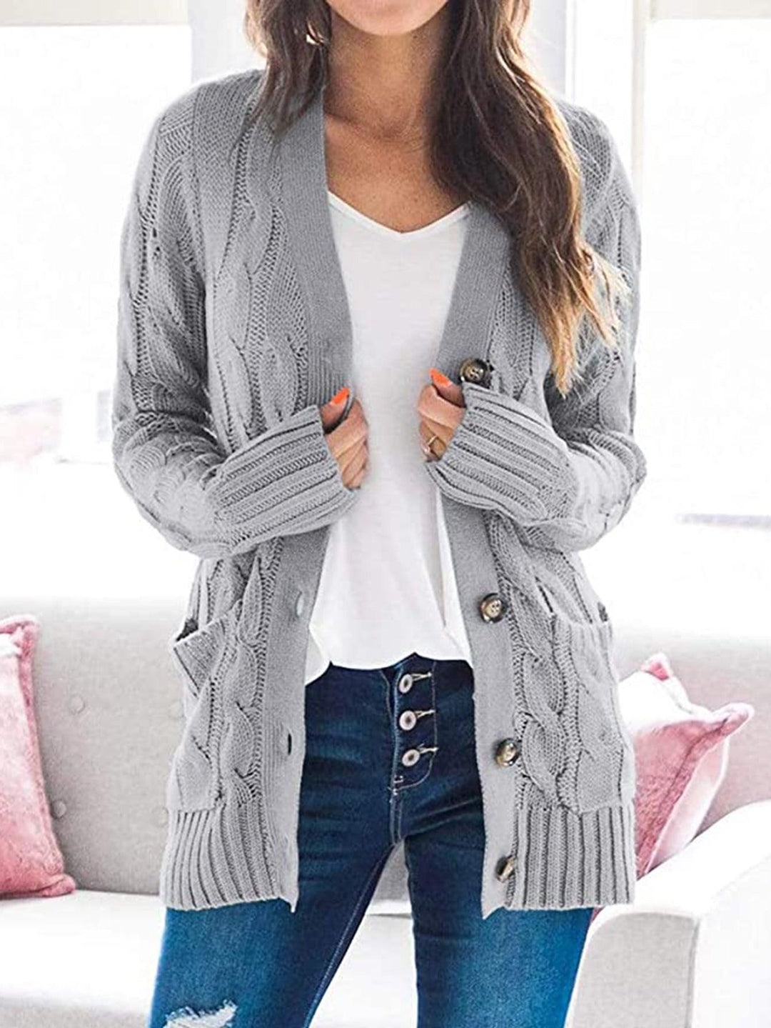 Cable-Knit Buttoned Cardigan with Pockets - Lucianne Boutique