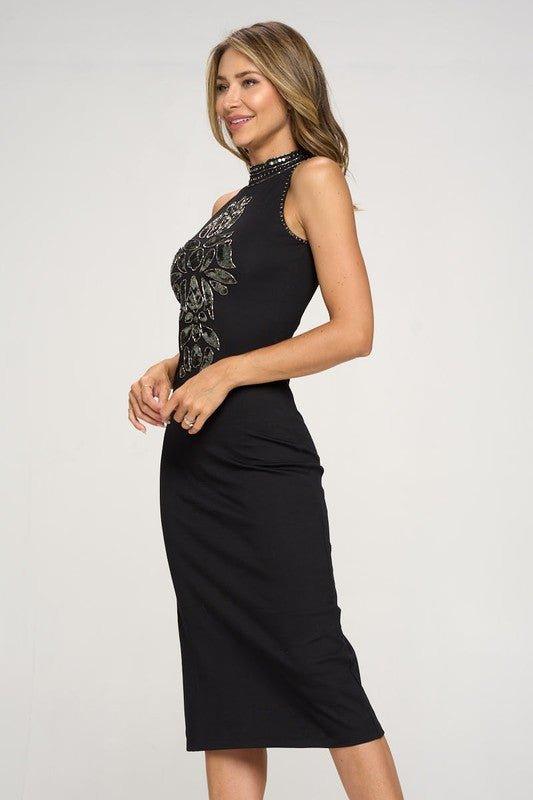 Embellished Beaded Front High Neck Midi Dress - Lucianne Boutique