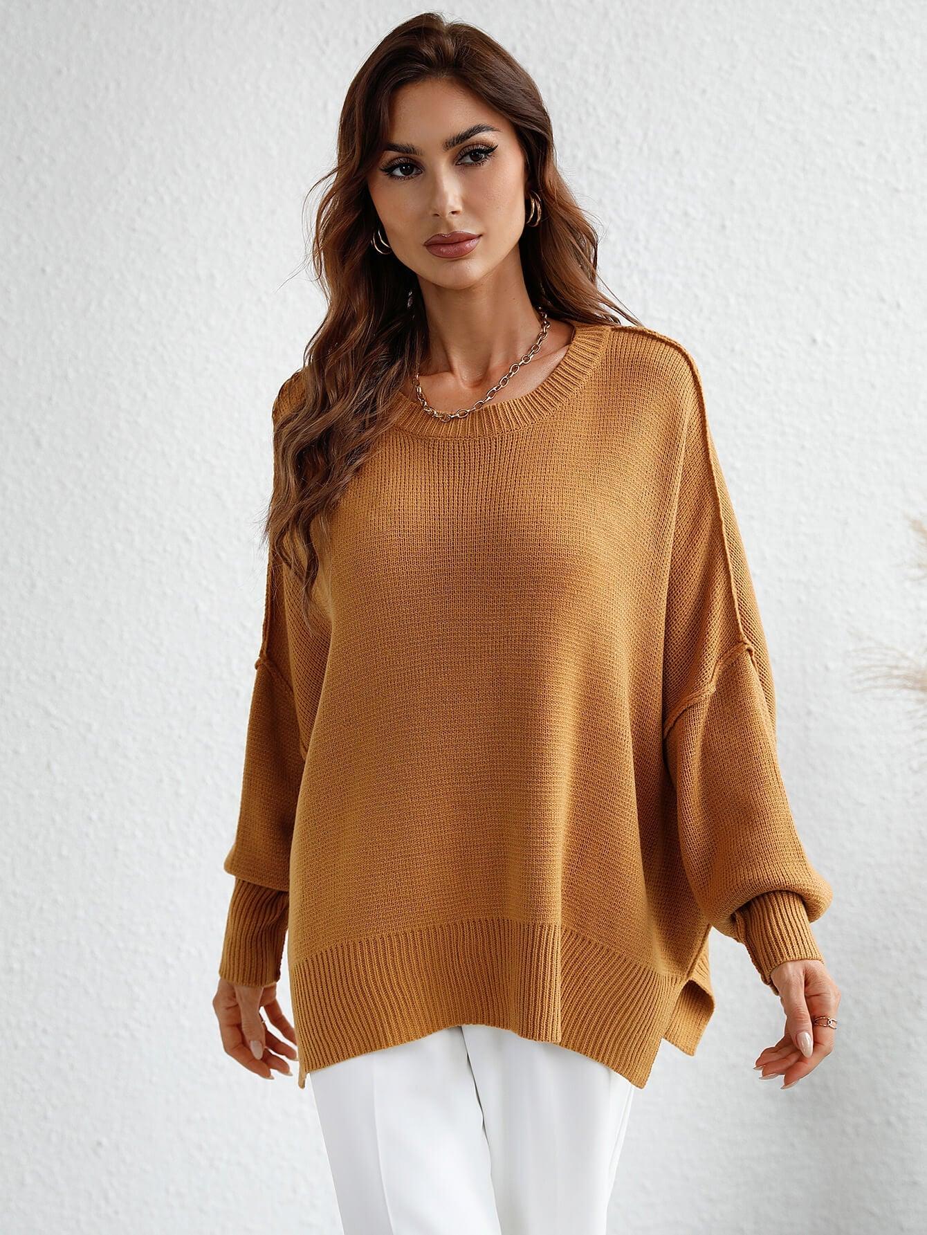 Exposed Seam Dropped Shoulder Slit Sweater - Lucianne Boutique