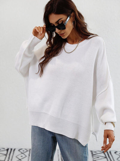 Exposed Seam Dropped Shoulder Slit Sweater - Lucianne Boutique