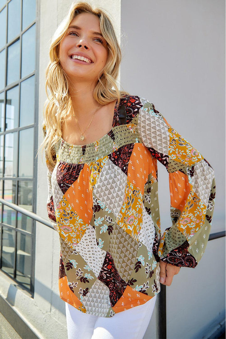 Patchwork Balloon Sleeve Blouse - Lucianne Boutique