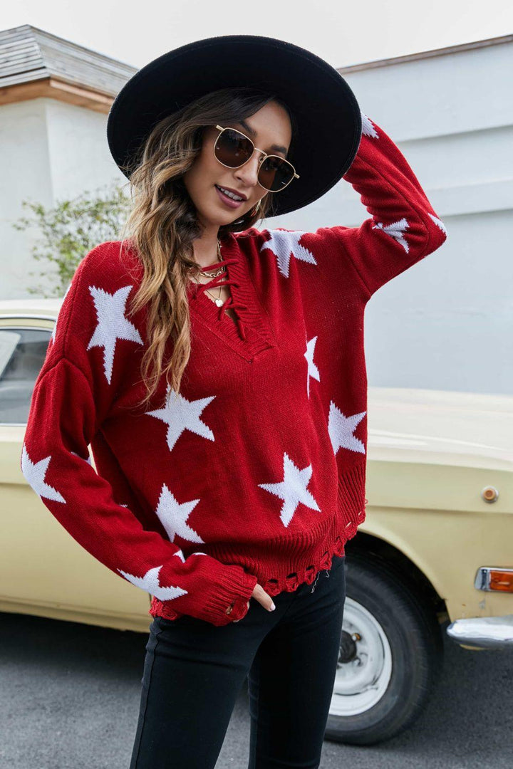 Star Pattern Lace-Up Drop Shoulder Sweater - Lucianne Boutique