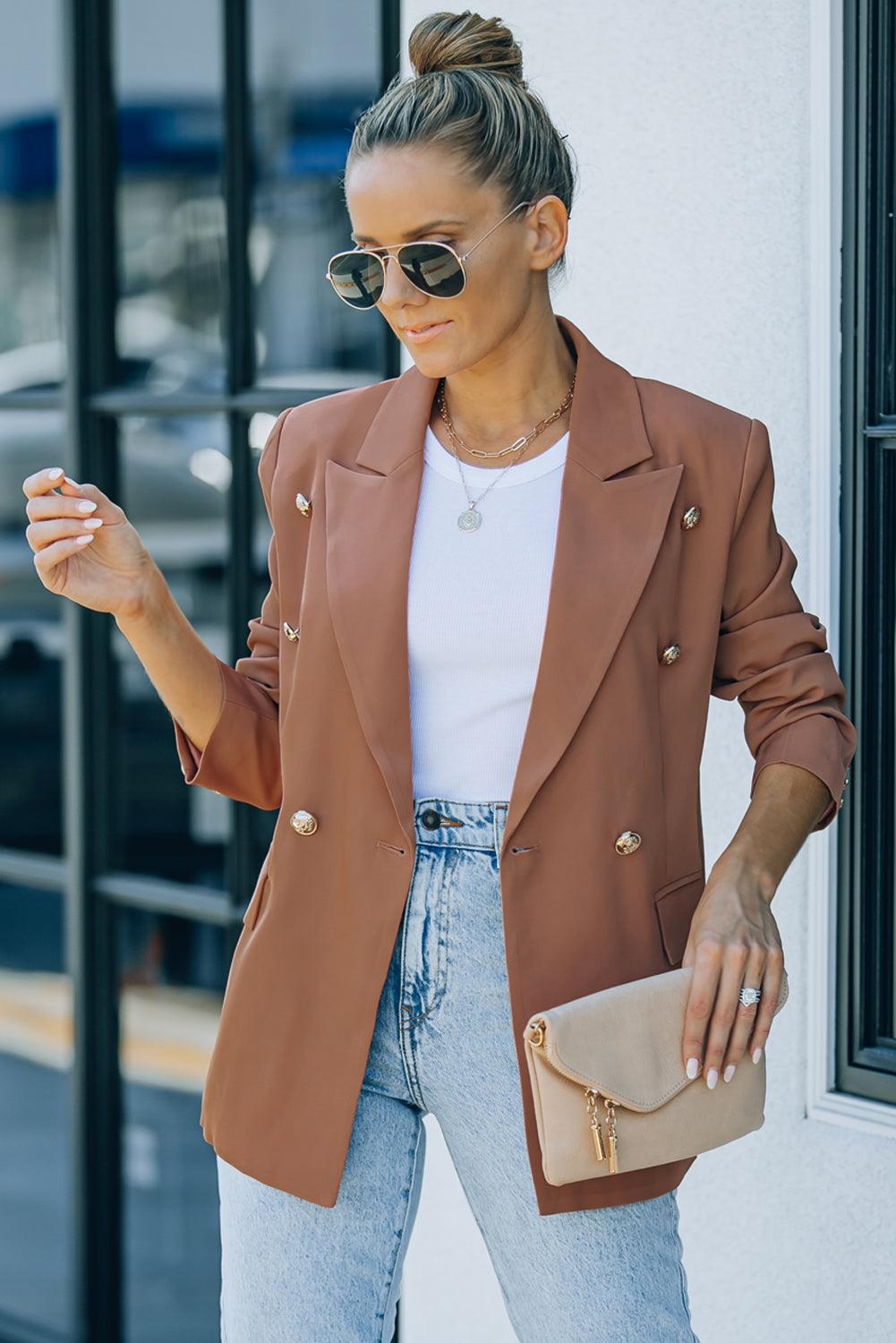 Double-Breasted Lapel Collar Long Sleeve Blazer - Lucianne Boutique