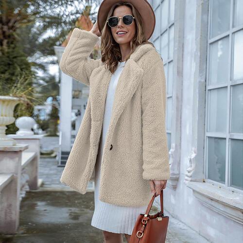 Collared Neck Long Sleeve Winter Coat - Lucianne Boutique