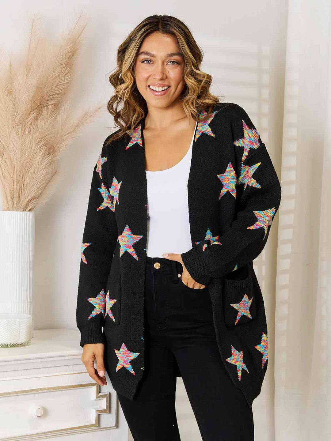 Star Pattern Open Front Cardigan with Pockets - Lucianne Boutique