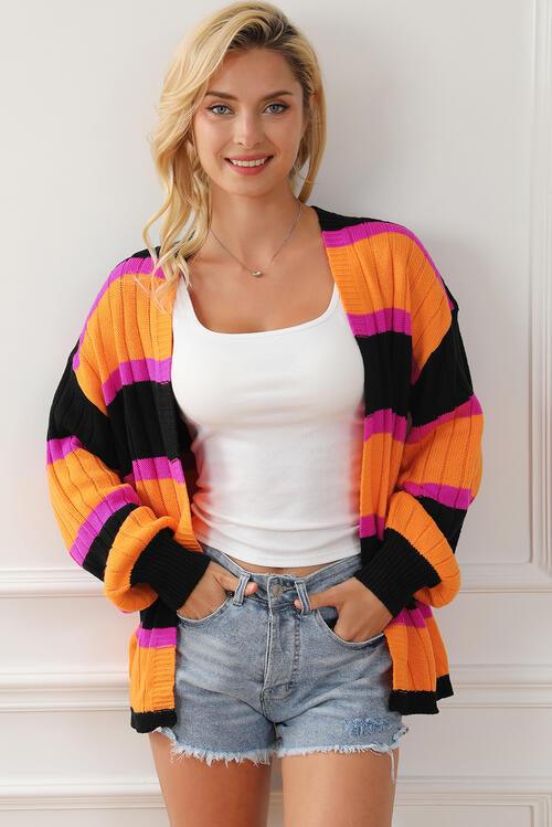 Ribbed Striped Open Front Long Sleeve Cardigan
