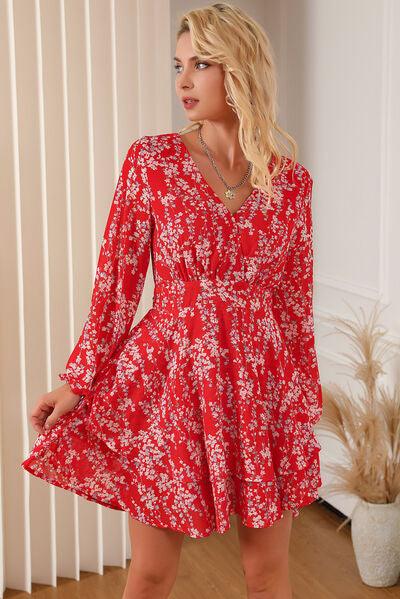 Printed Surplice Balloon Sleeve Layered Dress - Lucianne Boutique