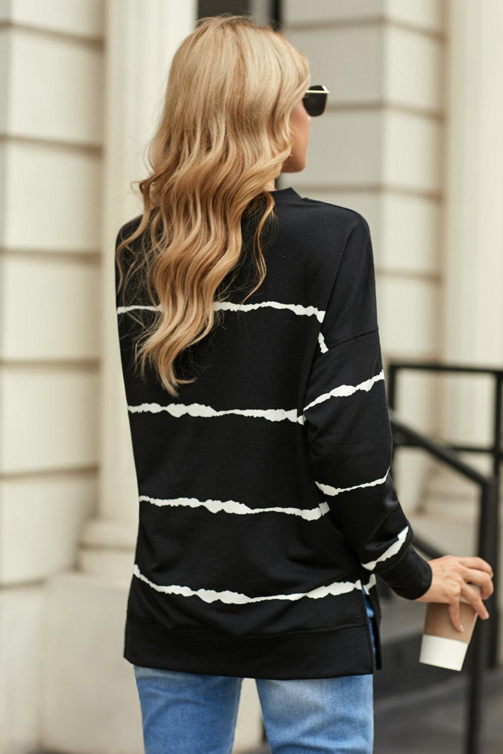 Striped Side Slit Round Neck Sweatshirt - Lucianne Boutique