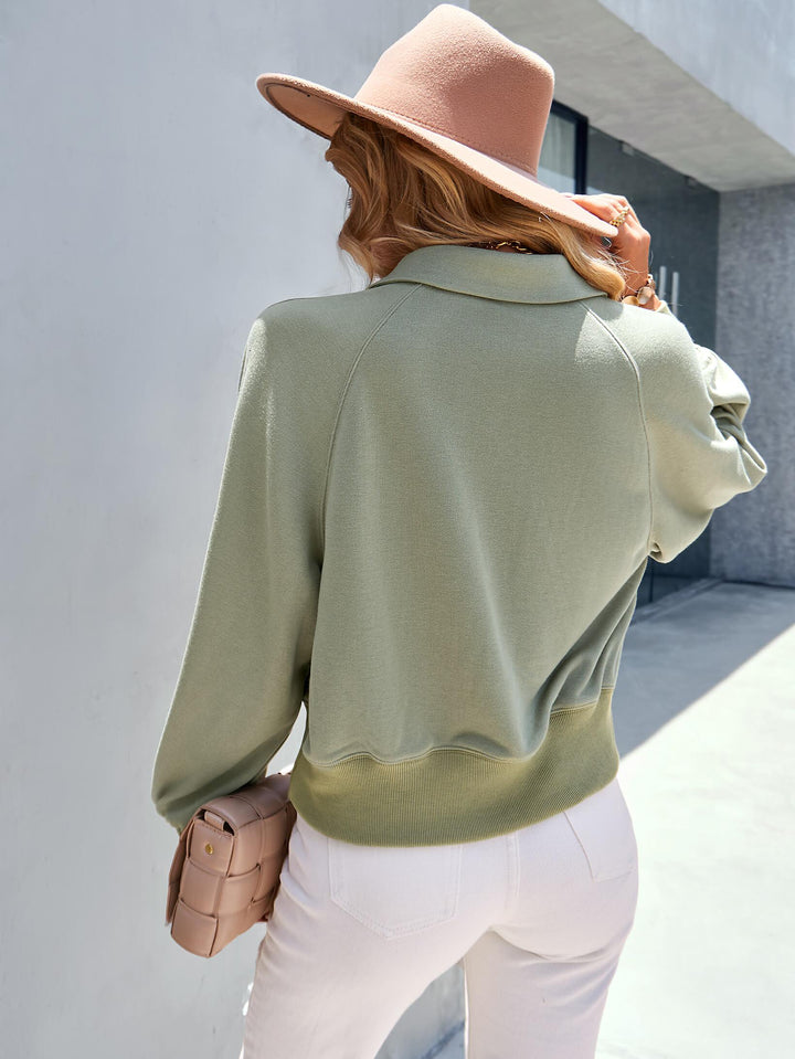Quarter-Snap Collared Raglan Sleeve Sweatshirt - Lucianne Boutique