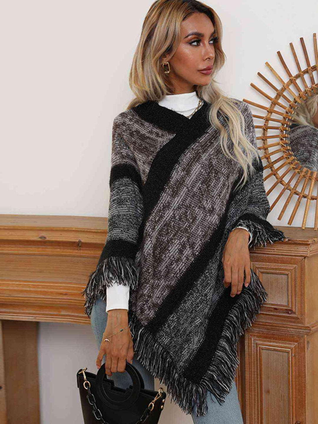 V-Neck Poncho with Fringes - Lucianne Boutique