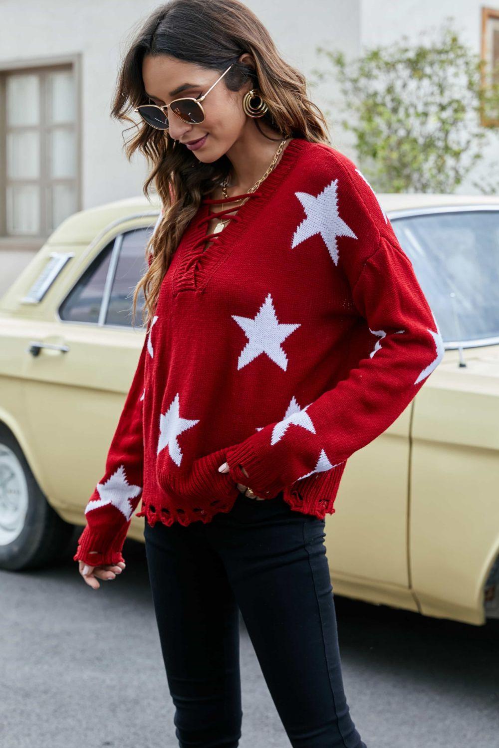 Star Pattern Lace-Up Drop Shoulder Sweater - Lucianne Boutique