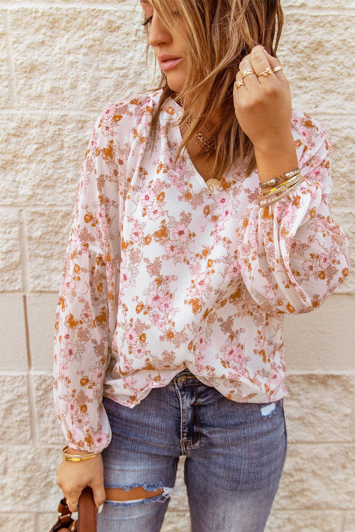 Floral Balloon Sleeve Notched Neck Blouse - Lucianne Boutique