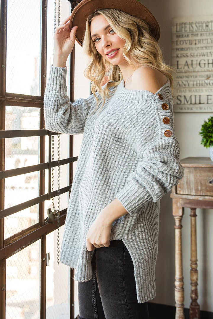 Buttoned Boat Neck Slit Sweater - Lucianne Boutique