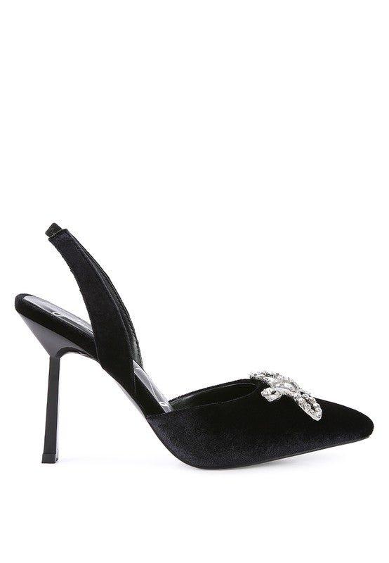 Firebird Velvet Diamante Heeled Slingback Mules - Lucianne Boutique