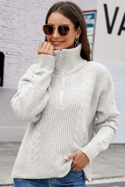 Half Zip Mixed Knit Collared Sweater - Lucianne Boutique