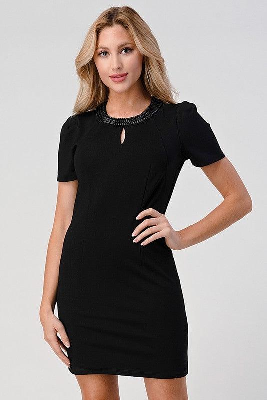 Puff Sleeve Chain Neck Detail Ponti Dress - Lucianne Boutique